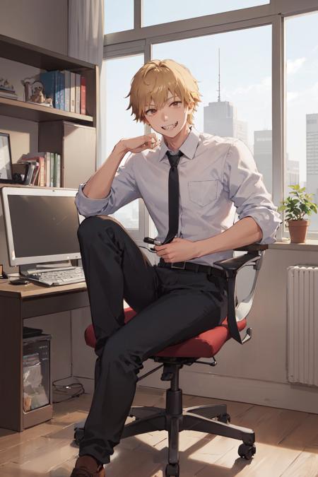 00034-2307784587-(masterpiece, best quality_1.2), , solo, male focus, 1boy, denji, sharp teeth, grin, looking at viewer, sitting in an office cha.jpg